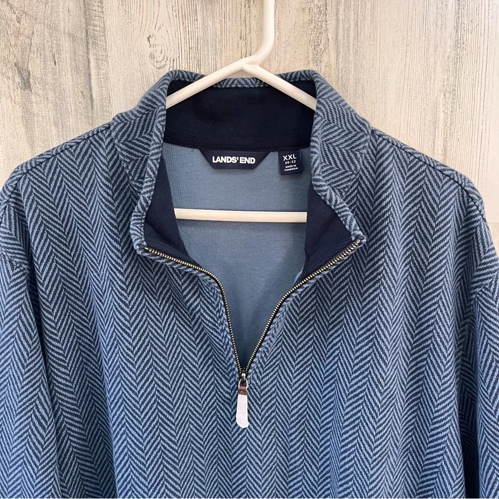 Lands’ End Men’s Size XXL 59-52 Herringbone 1/4 Zip Pullover Sweater Blue/Navy